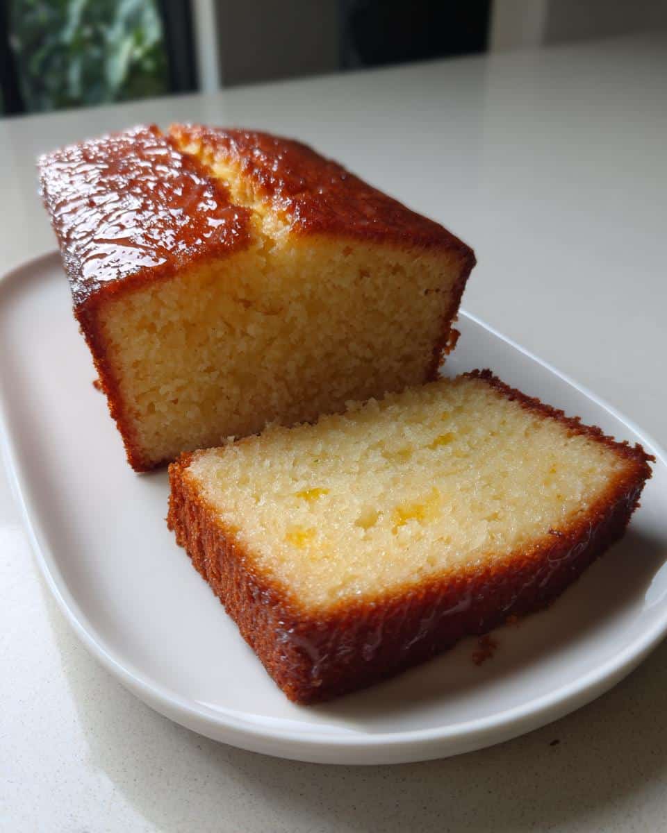 A loaf of Thermomix Orange Almond Cake, partially sliced, showing a moist, yellow crumb and a shiny glaze.
