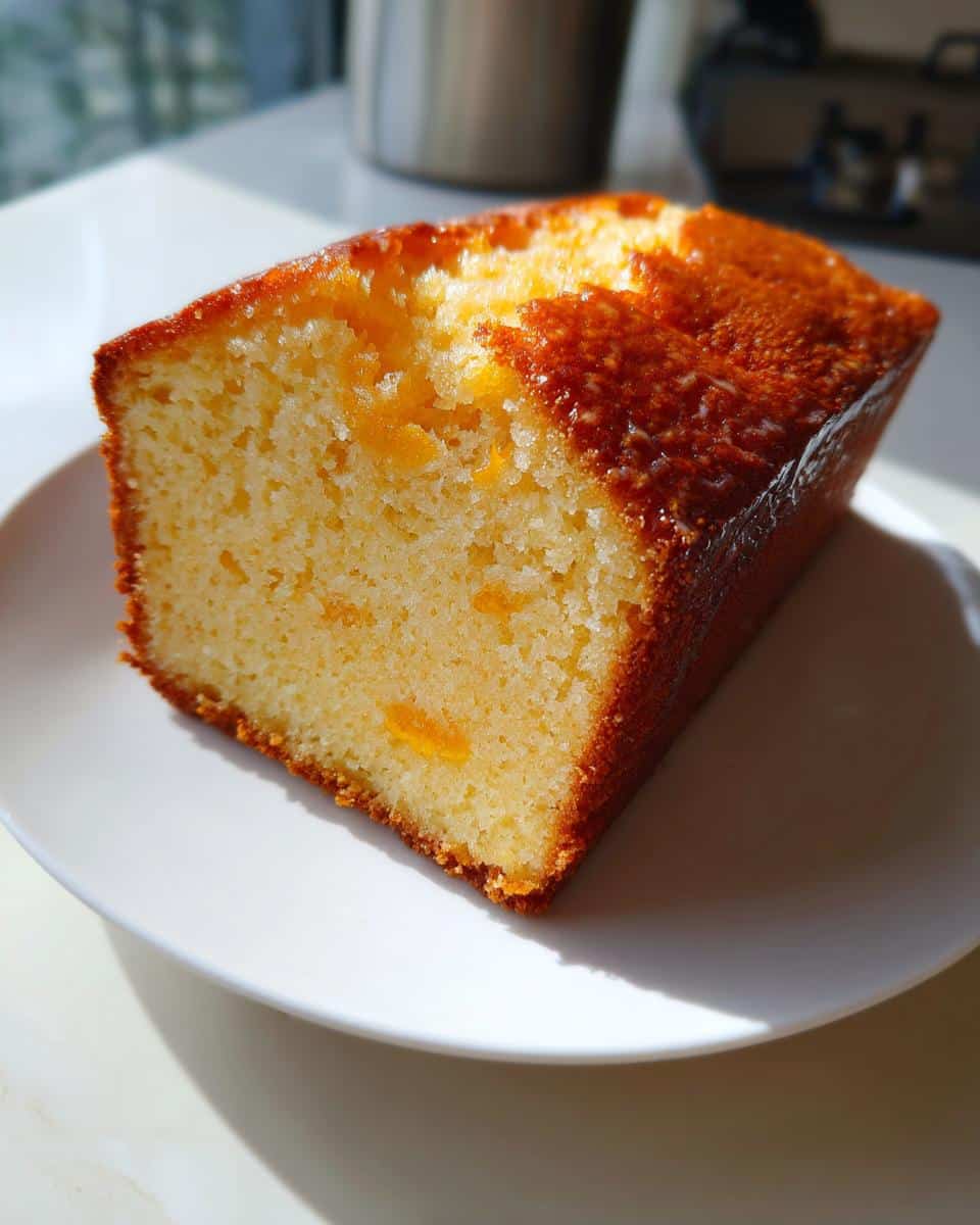 Close-up of a slice of moist Thermomix Orange Almond Cake showing its golden crust and soft crumb with orange pieces.