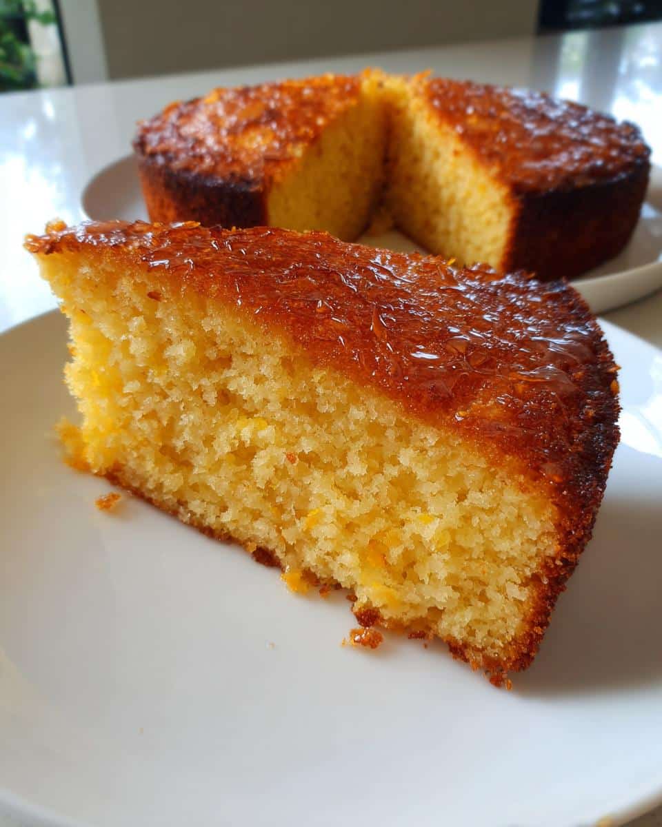 A close-up of a moist slice of Thermomix Orange Almond Cake with a shiny, caramelized orange glaze.
