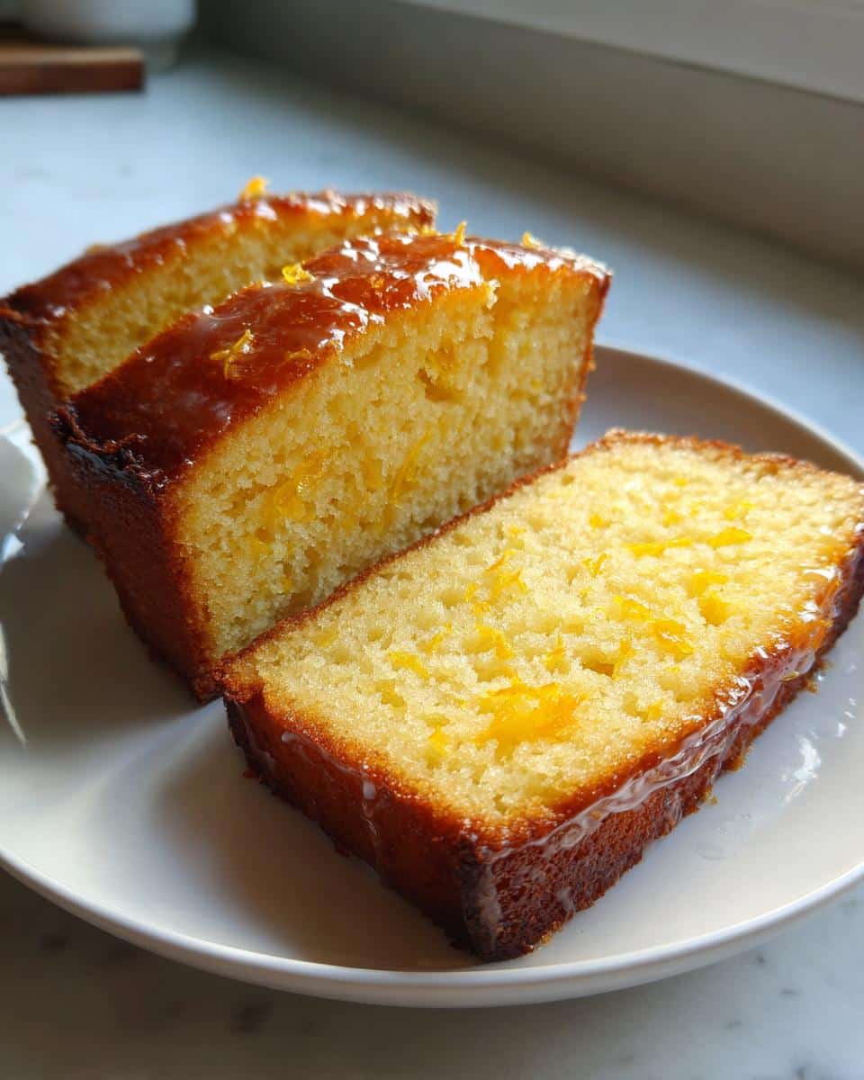 Three moist slices of Thermomix Orange Almond Cake, topped with a shiny orange glaze and zest.