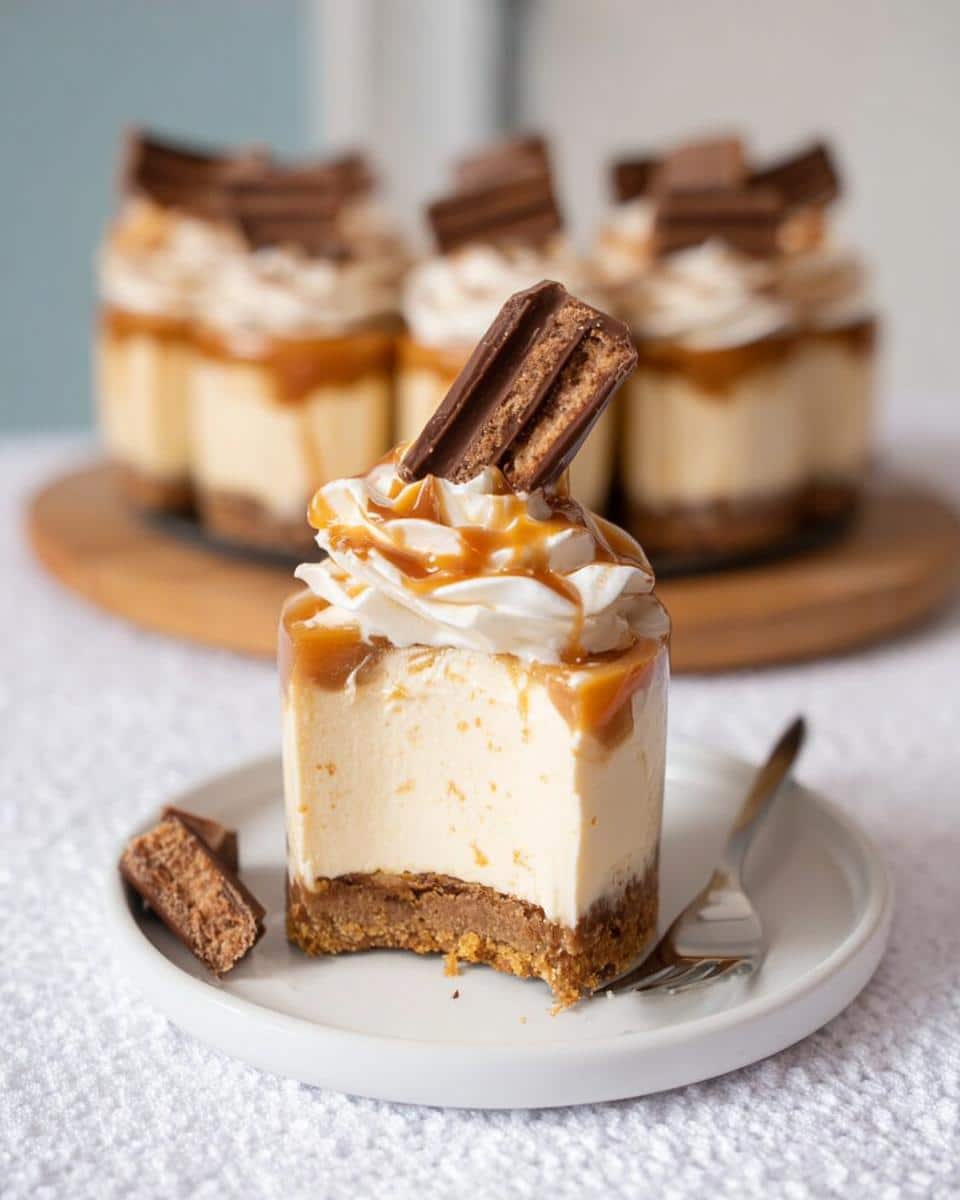 Close-up of an individual Thermomix Salted Caramel Cheesecake with a bite taken out, topped with whipped cream and chocolate.