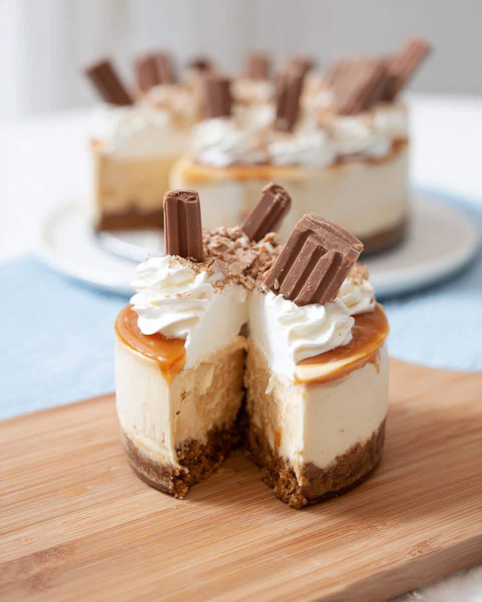 A cross-section view of an individual Thermomix Salted Caramel Cheesecake topped with whipped cream and chocolate pieces.