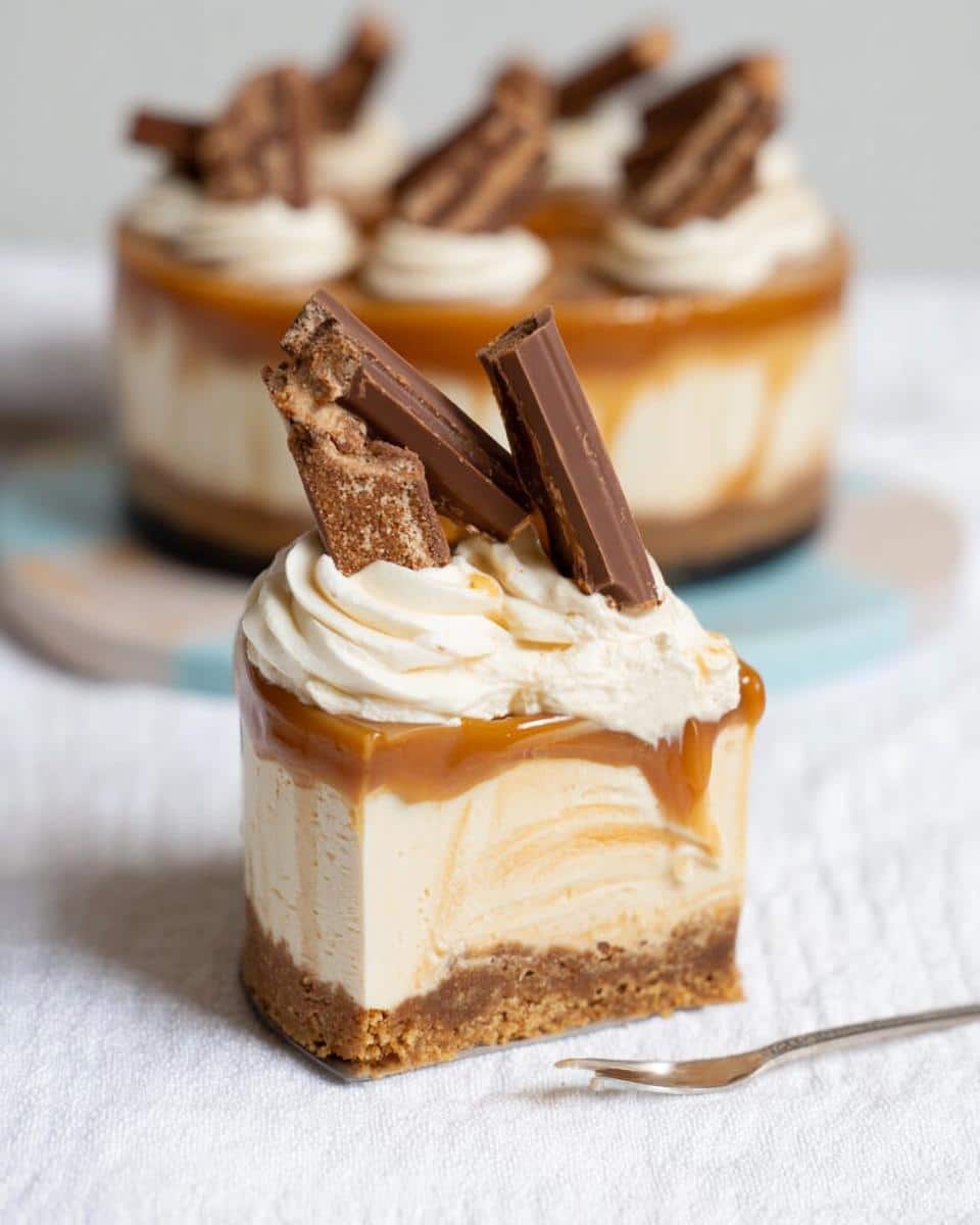 A close-up slice of Thermomix Salted Caramel Cheesecake with a biscuit base, caramel swirl, whipped cream, and chocolate bar pieces.