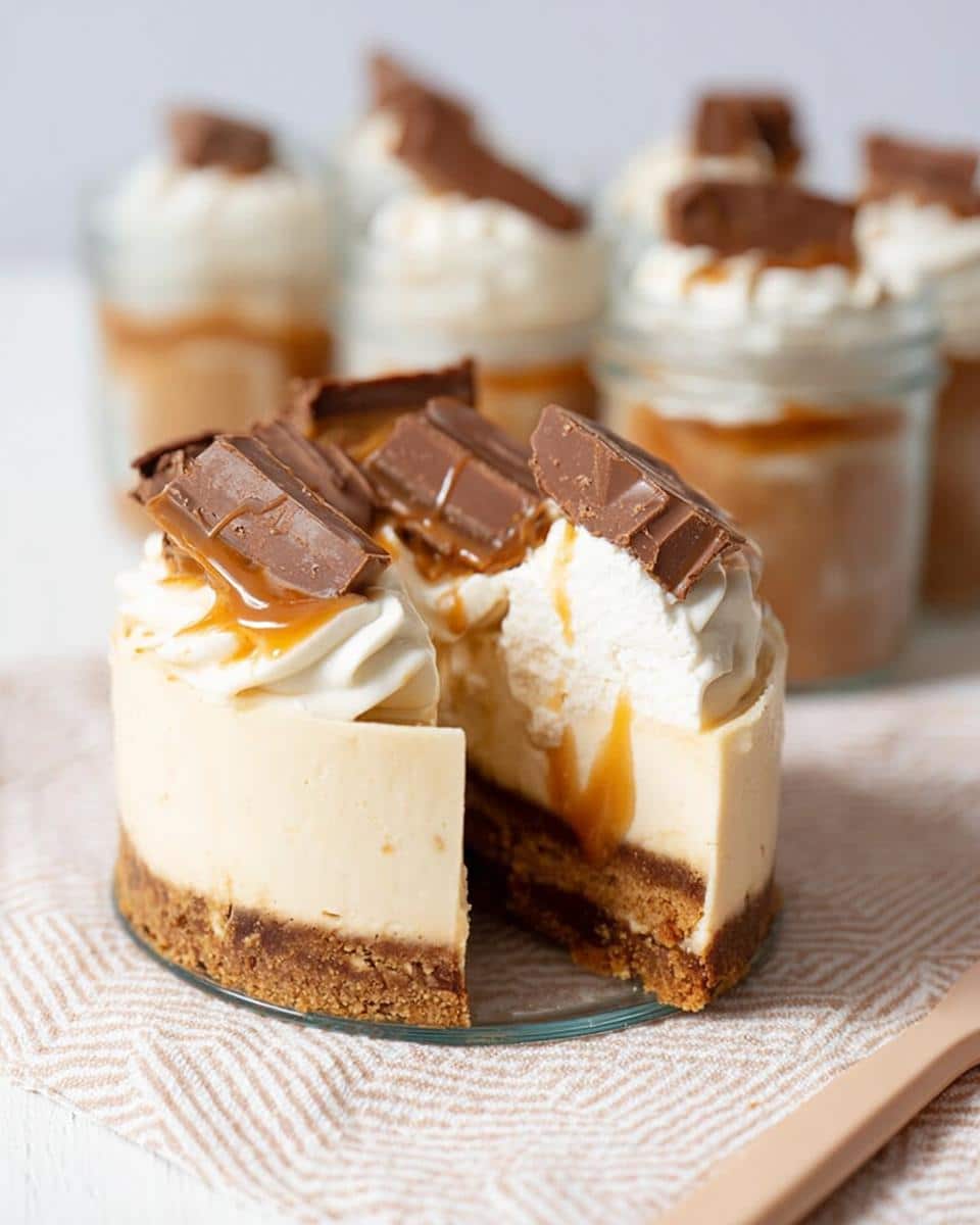 A slice cut from a small Thermomix Salted Caramel Cheesecake topped with whipped cream, caramel drizzle, and chocolate pieces.