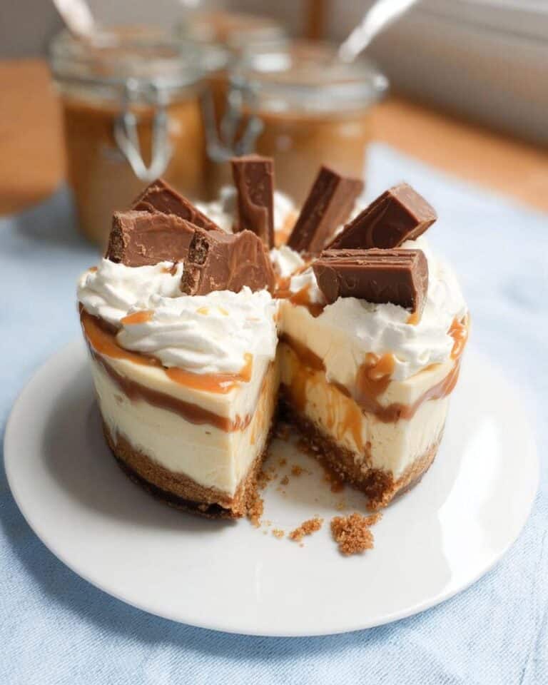 A slice removed from a mini Thermomix Salted Caramel Cheesecake topped with whipped cream and chocolate pieces.