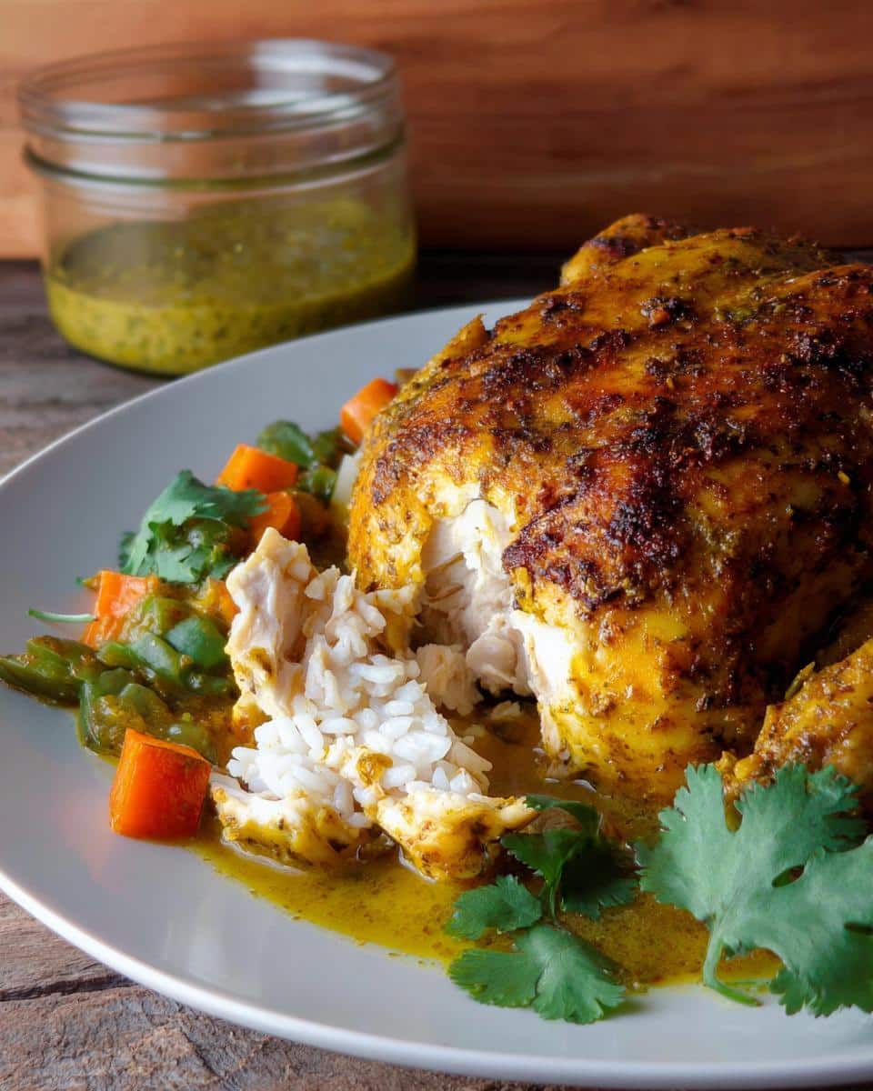 Close-up of Thermomix Thai Green Curry Chicken served over rice with carrots, green beans, and cilantro garnish.