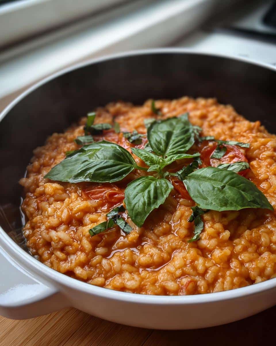 Close-up of creamy Thermomix Tomato & Basil Risotto topped with fresh basil leaves and roasted tomatoes.