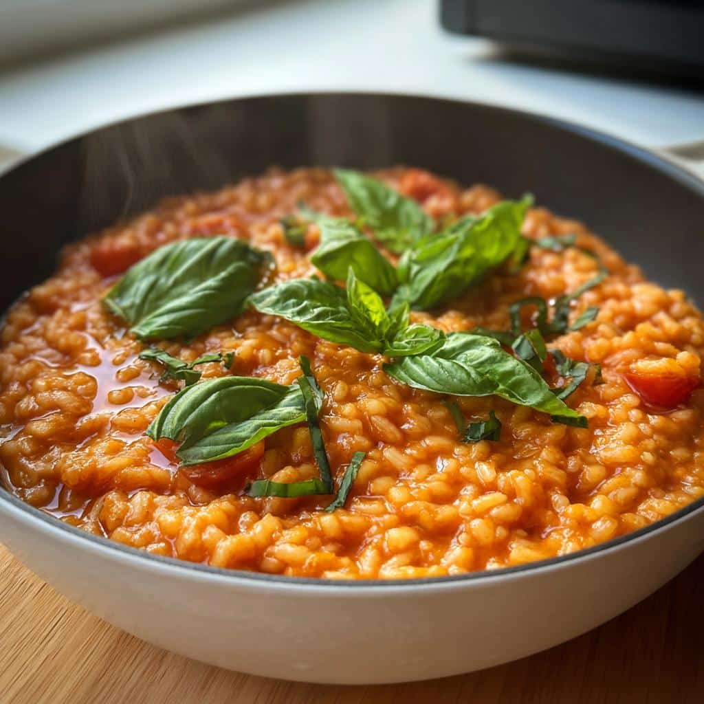 Close-up of steaming Thermomix Tomato & Basil Risotto topped with fresh basil leaves in a dark bowl.