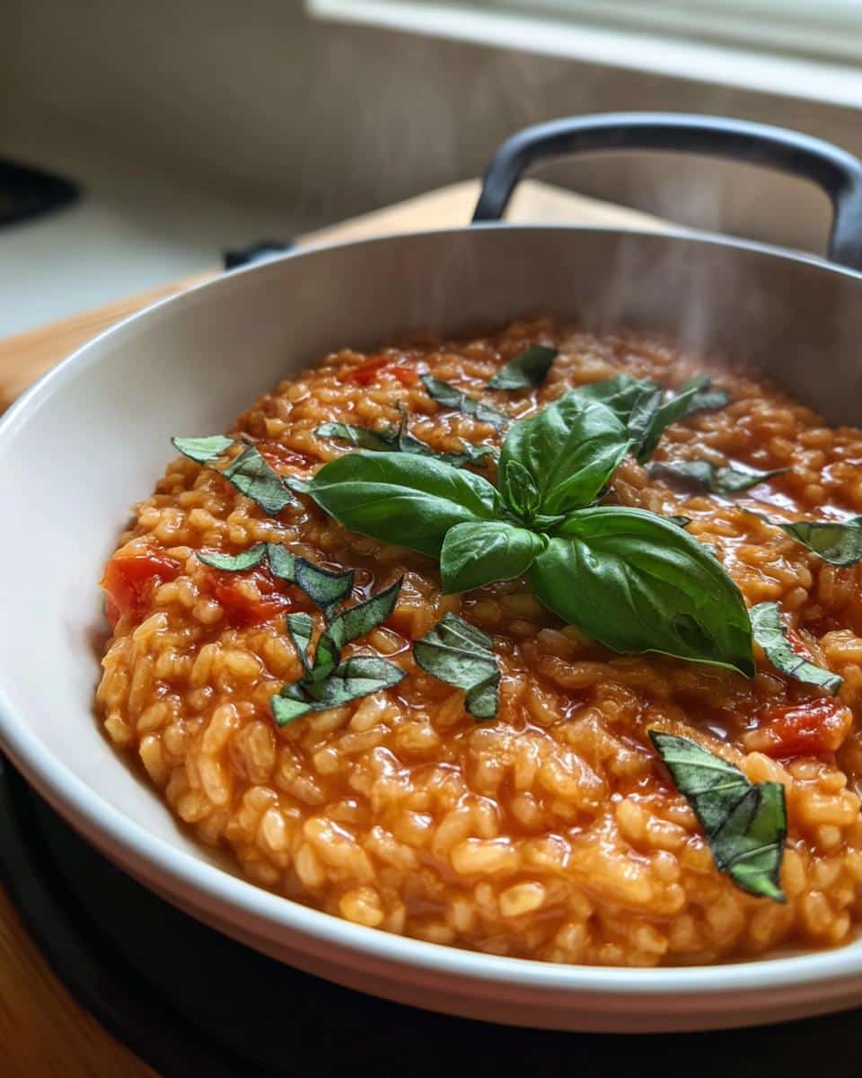 Close-up of hot Thermomix Tomato & Basil Risotto topped with fresh basil leaves, steaming slightly.