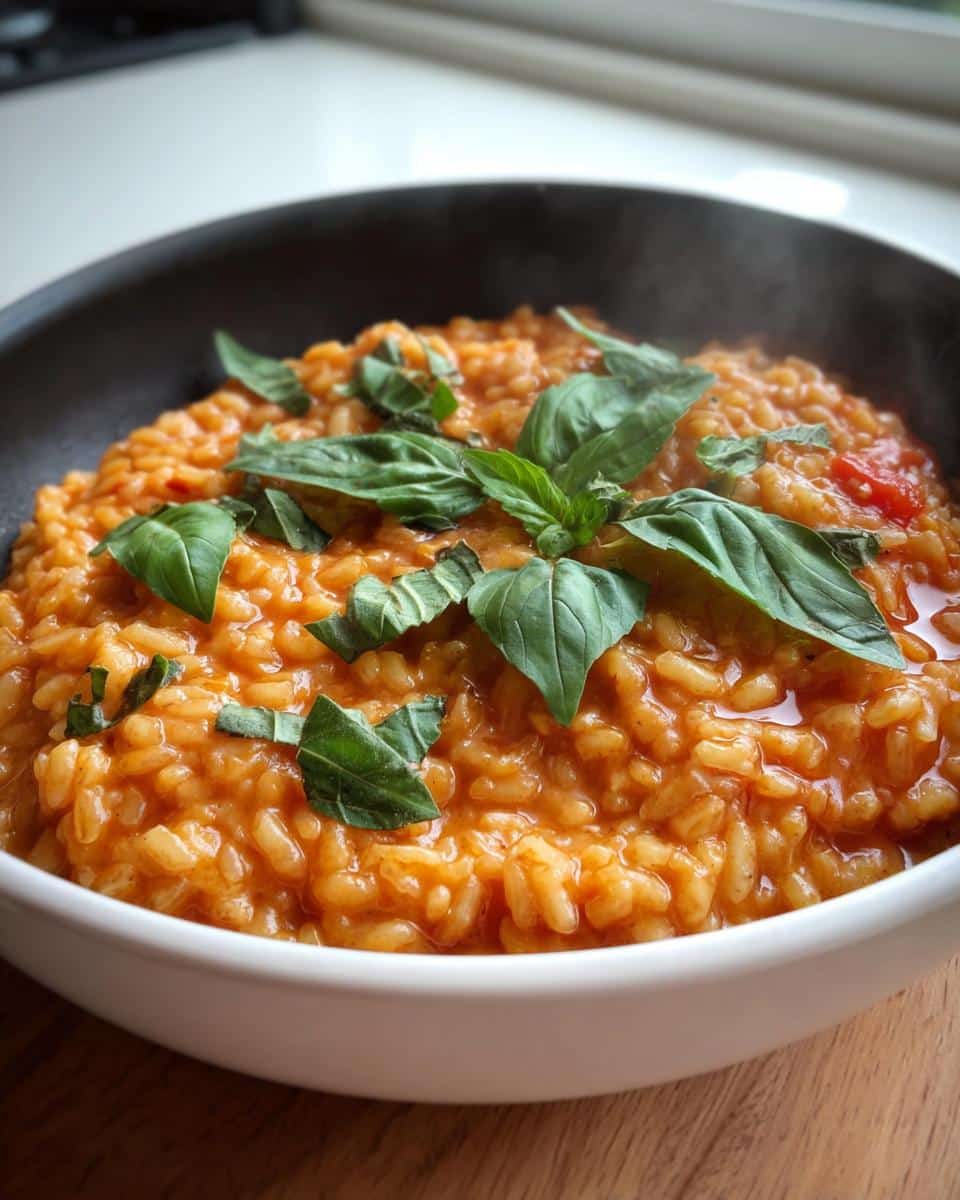 A close-up of steaming Thermomix Tomato & Basil Risotto topped with fresh basil leaves in a white and black bowl.
