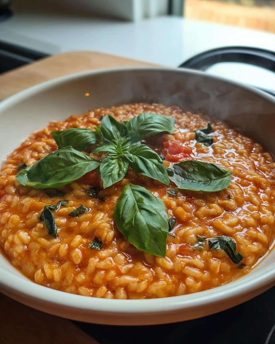 Close-up of creamy, steaming Thermomix Tomato & Basil Risotto topped with fresh basil leaves.