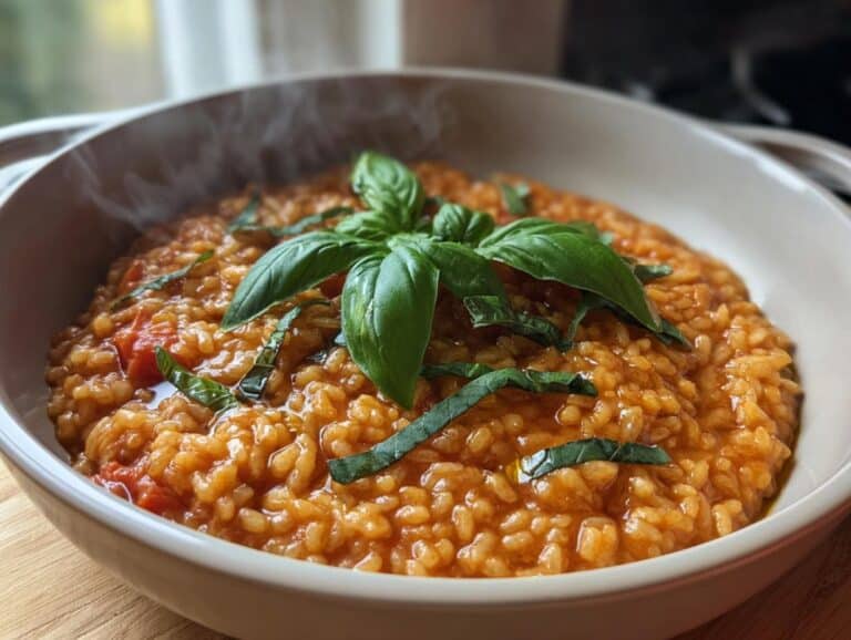 A close-up of steaming Thermomix Tomato & Basil Risotto, topped with fresh basil leaves, served in a light-colored bowl.