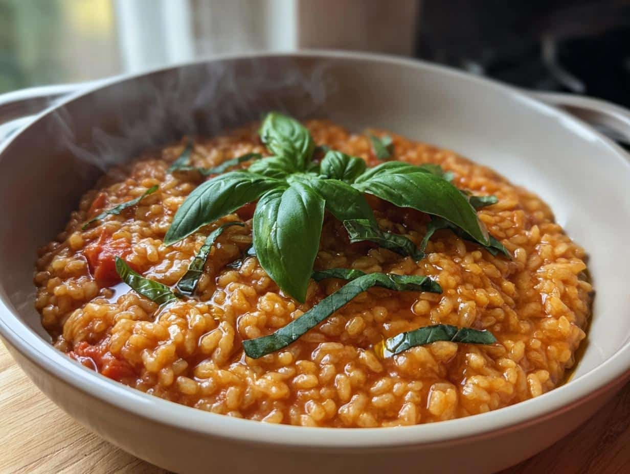 A close-up of steaming Thermomix Tomato & Basil Risotto, topped with fresh basil leaves, served in a light-colored bowl.