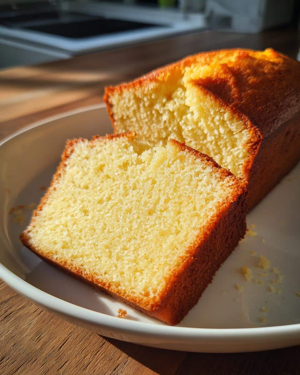 A close-up of a moist slice of Thermomix Vanilla Butter Cake next to the main loaf, showing its golden crust.