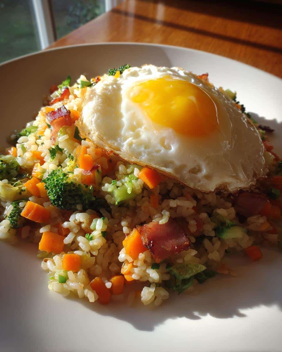 A serving of Thermomix Vegetable Fried Rice topped with a sunny-side-up fried egg on a white plate.