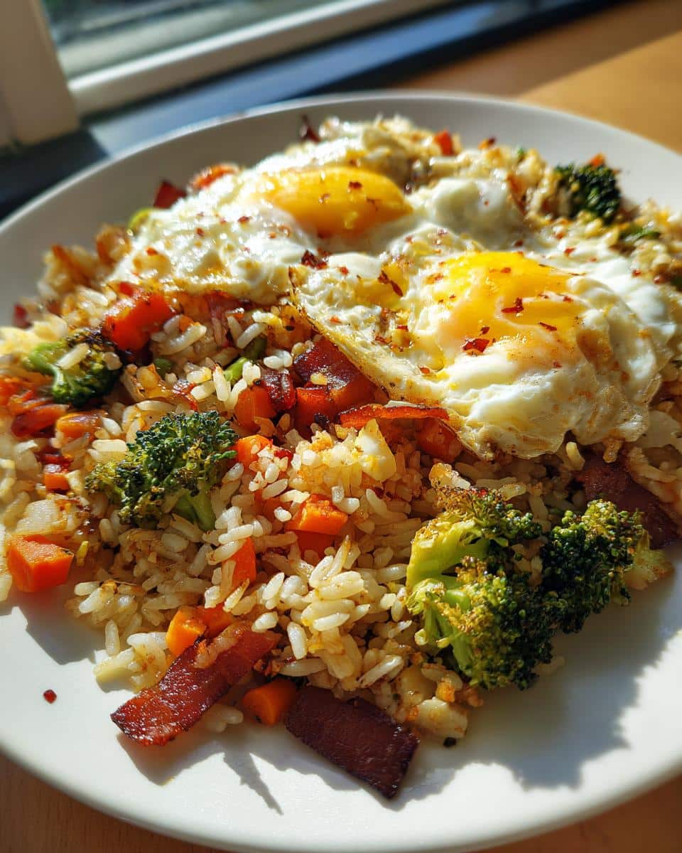 A close-up of Thermomix Vegetable Fried Rice topped with two sunny-side-up eggs and chili flakes.
