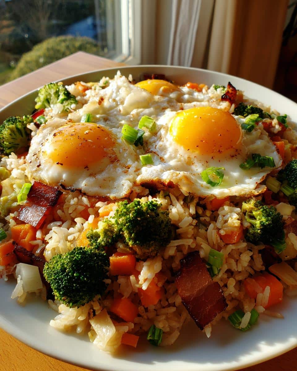 A plate of Thermomix Vegetable Fried Rice topped with three sunny-side-up eggs, broccoli, and carrots.
