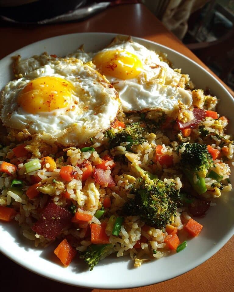 A white bowl filled with Thermomix Vegetable Fried Rice topped with two perfectly cooked sunny-side-up eggs.