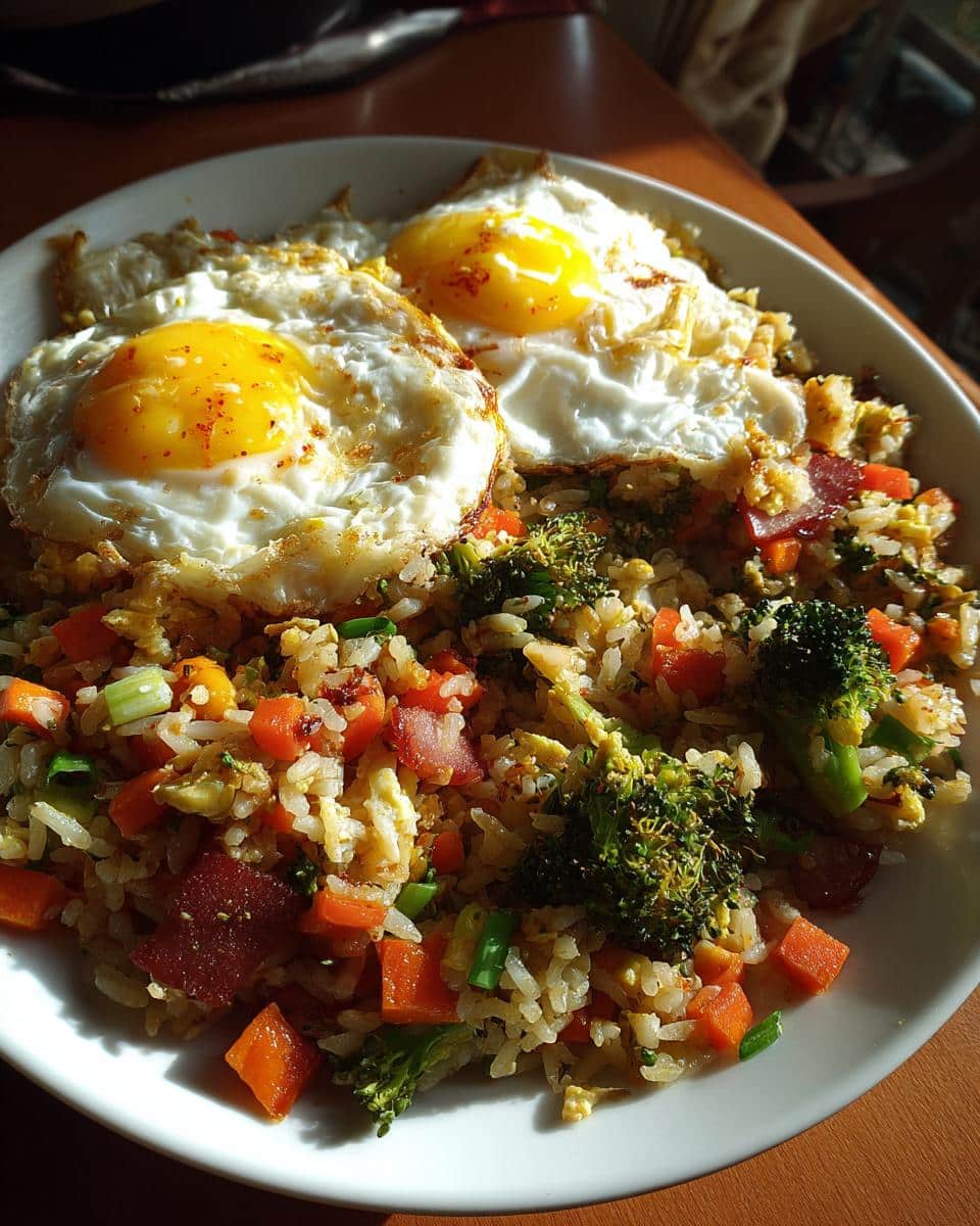 A white bowl filled with Thermomix Vegetable Fried Rice, topped with two sunny-side-up eggs.
