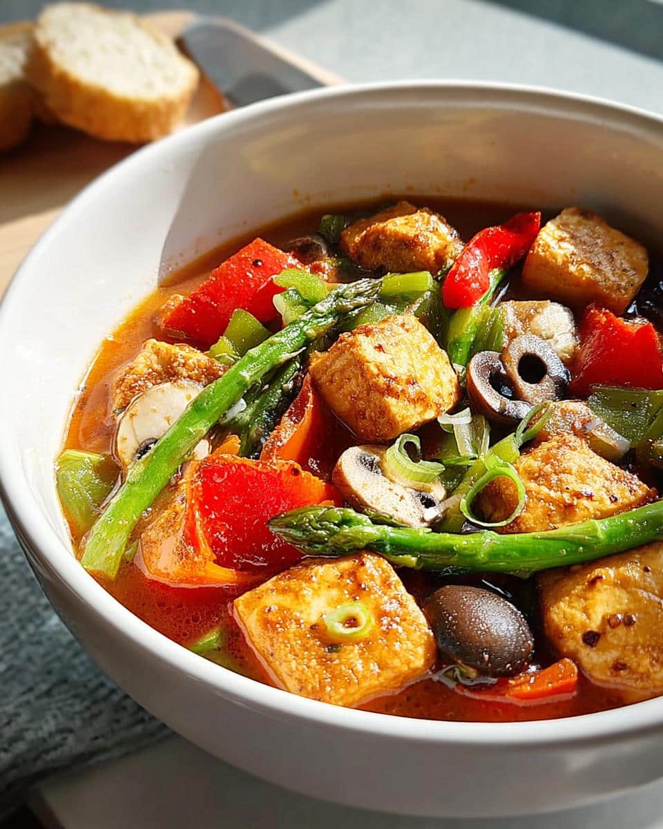 Close-up of a white bowl filled with Tofu & Vegetable Protein Soup, featuring seared tofu cubes, asparagus, red peppers, and mushrooms.