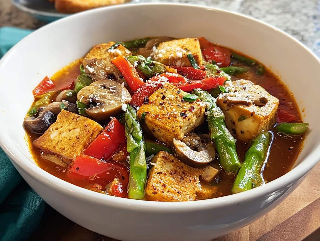 Close-up of a rich, savory bowl of Tofu & Vegetable Protein Soup with seared tofu, asparagus, mushrooms, and red peppers.