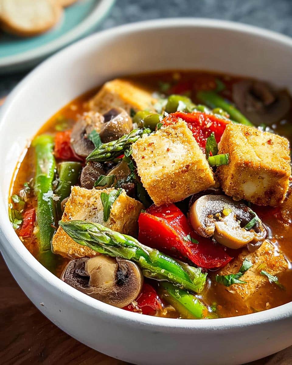 Close-up of a bowl of Tofu & Vegetable Protein Soup featuring crispy tofu cubes, asparagus spears, mushrooms, and red peppers.