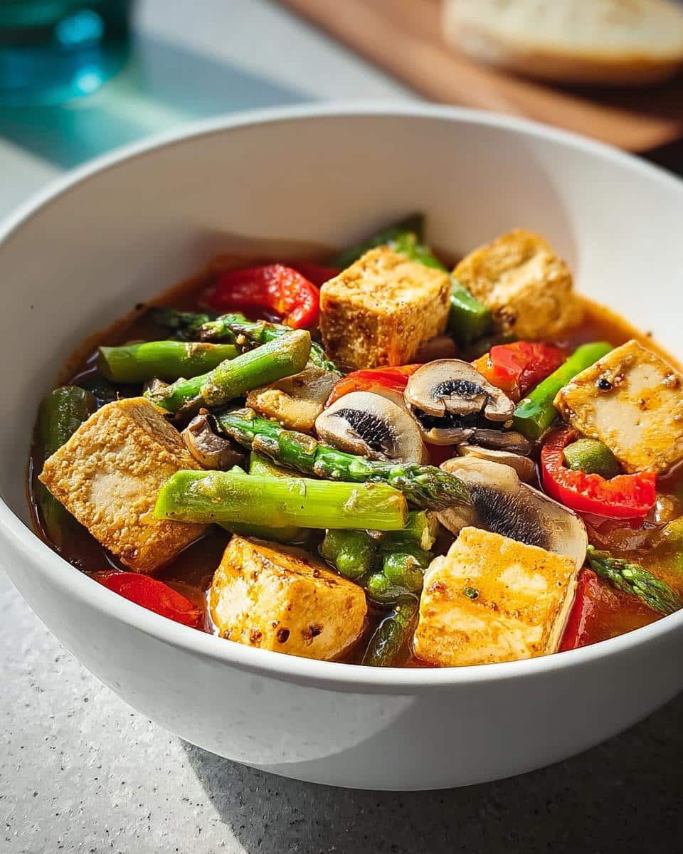 Close-up of a white bowl filled with Tofu & Vegetable Protein Soup featuring seared tofu cubes, asparagus, mushrooms, and red peppers.