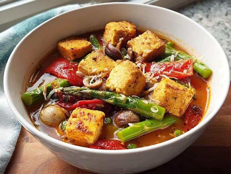 Close-up of a hearty bowl of Tofu & Vegetable Protein Soup featuring golden tofu cubes, bright green asparagus, and red peppers in a rich broth.