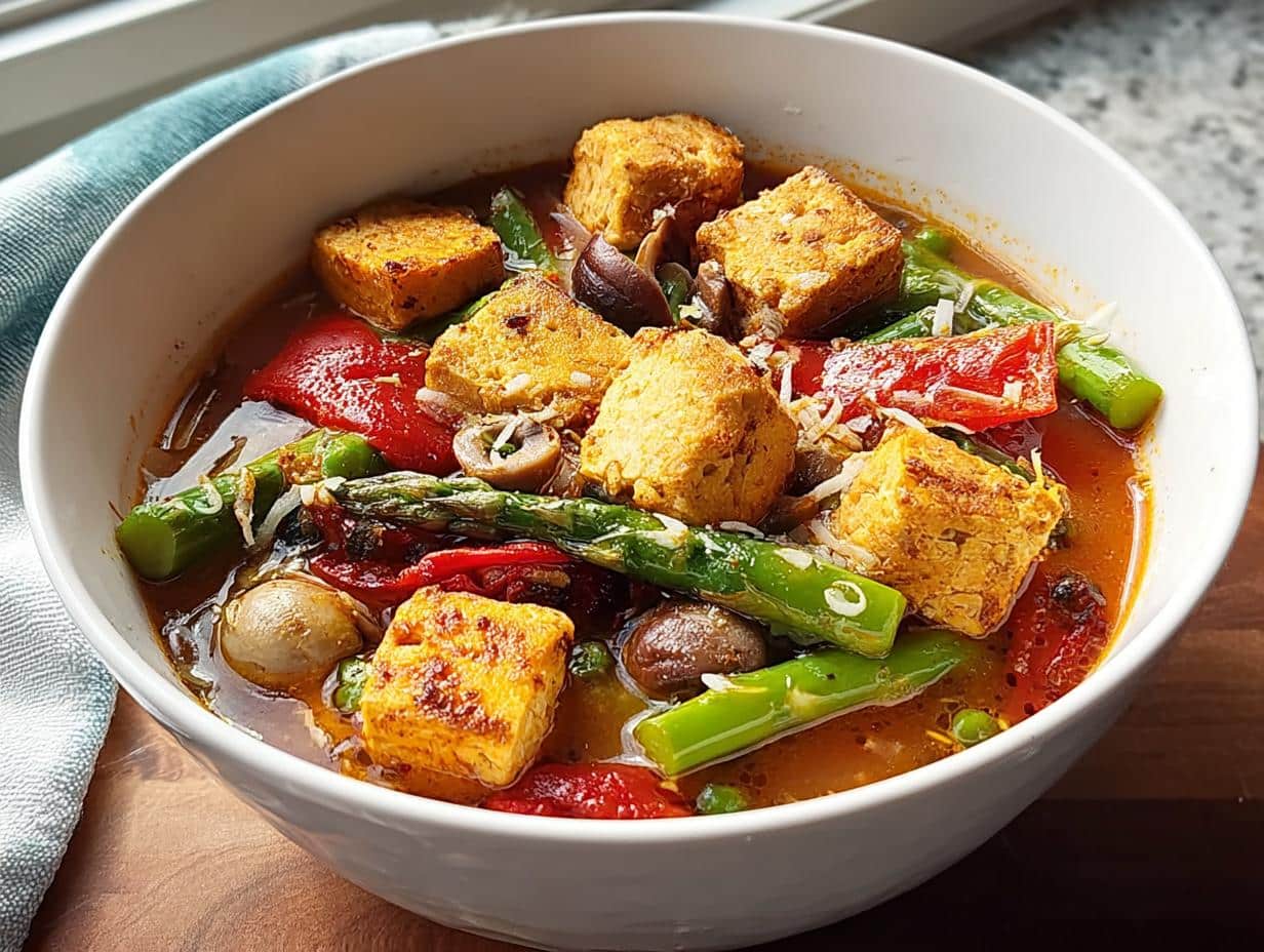 Close-up of a hearty bowl of Tofu & Vegetable Protein Soup featuring golden tofu cubes, bright green asparagus, and red peppers in a rich broth.