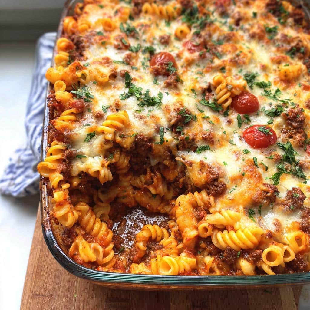 Close-up of a bubbling Tomato Basil Beef Pasta Bake with melted cheese and fresh parsley garnish.