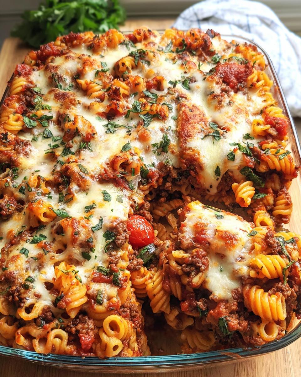 Close-up of a baked Tomato Basil Beef Pasta Bake with melted cheese and fresh parsley garnish.