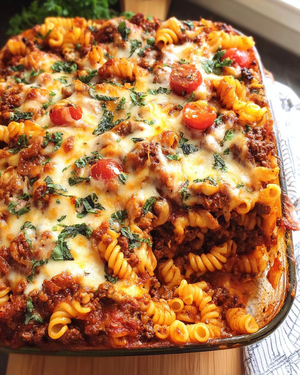 Close-up of a freshly baked Tomato Basil Beef Pasta Bake topped with melted cheese, basil, and cherry tomatoes.
