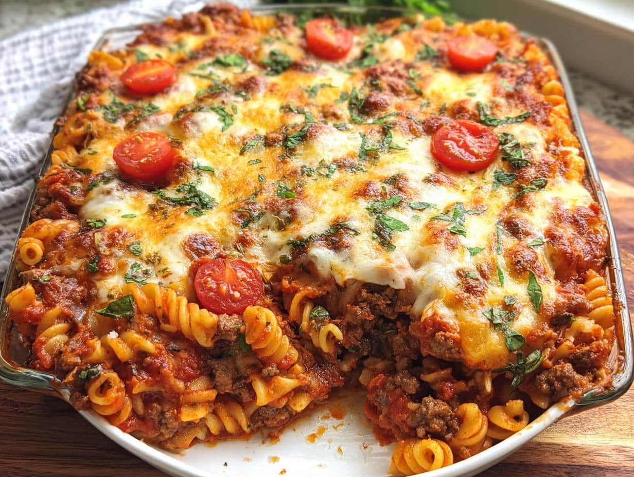 A close-up of a baked Tomato Basil Beef Pasta Bake with melted cheese and cherry tomato halves.