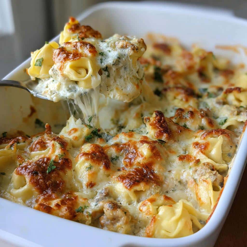 A spoonful of cheesy Tortellini Alfredo Bake showing a dramatic cheese pull from the casserole dish.