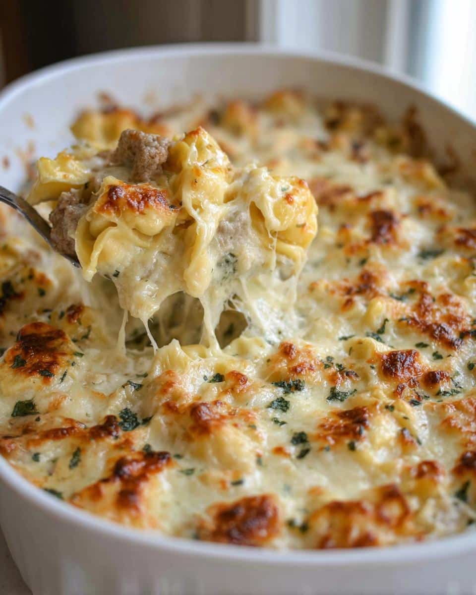 A spoonful of cheesy Tortellini Alfredo Bake showing a dramatic cheese pull over the bubbly, baked casserole.
