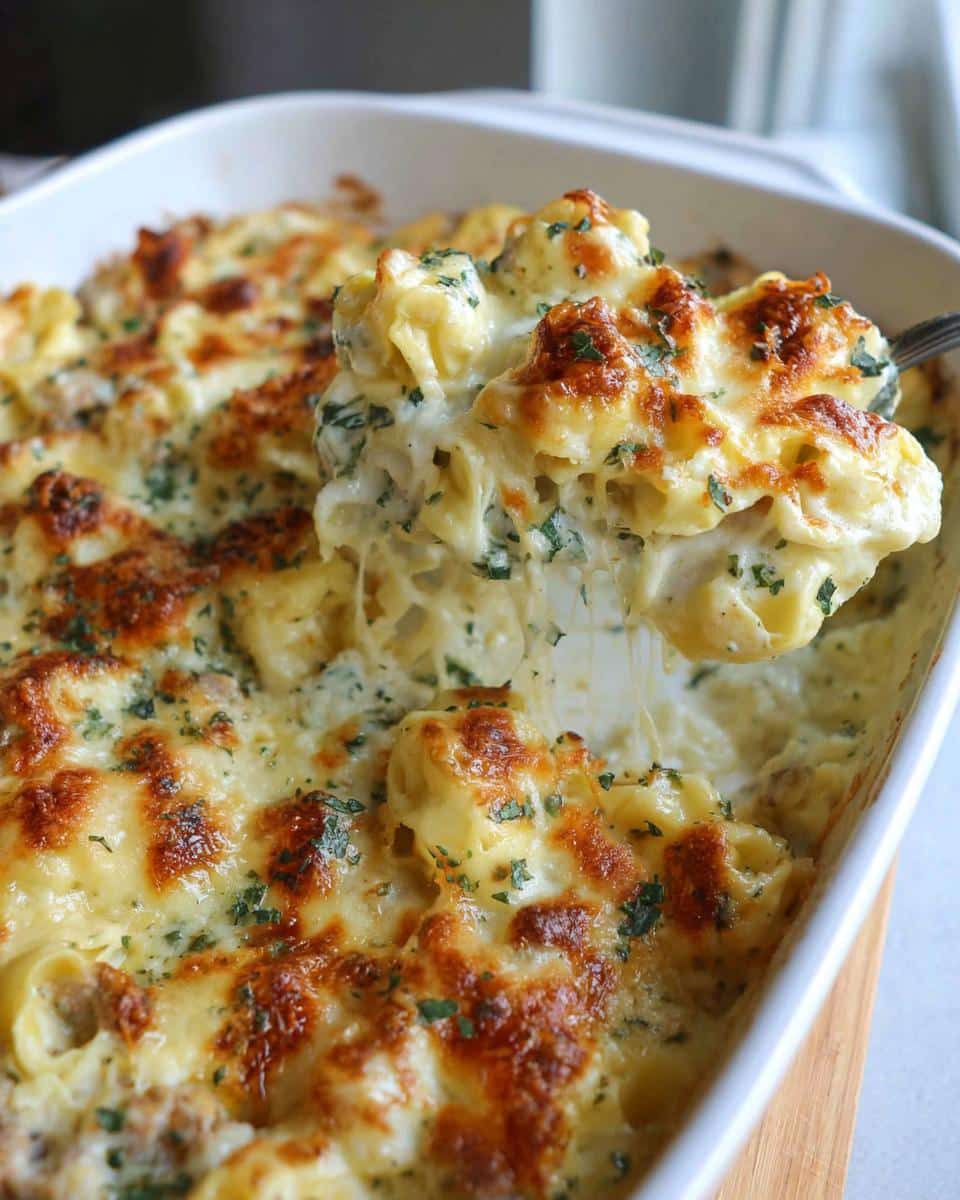 A spoonful of creamy Tortellini Alfredo Bake being lifted from a white baking dish, showing melted cheese pull.