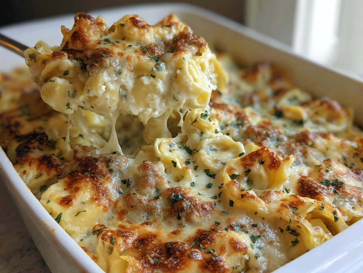 A spoonful of cheesy Tortellini Alfredo Bake showing a dramatic cheese pull from the baking dish.