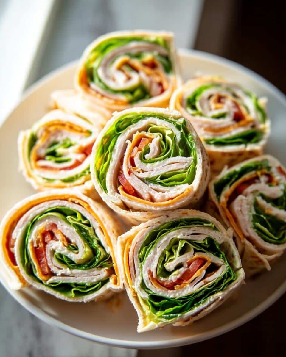 A close-up of several sliced Turkey & Cheese Lunch Pinwheels arranged on a white plate.