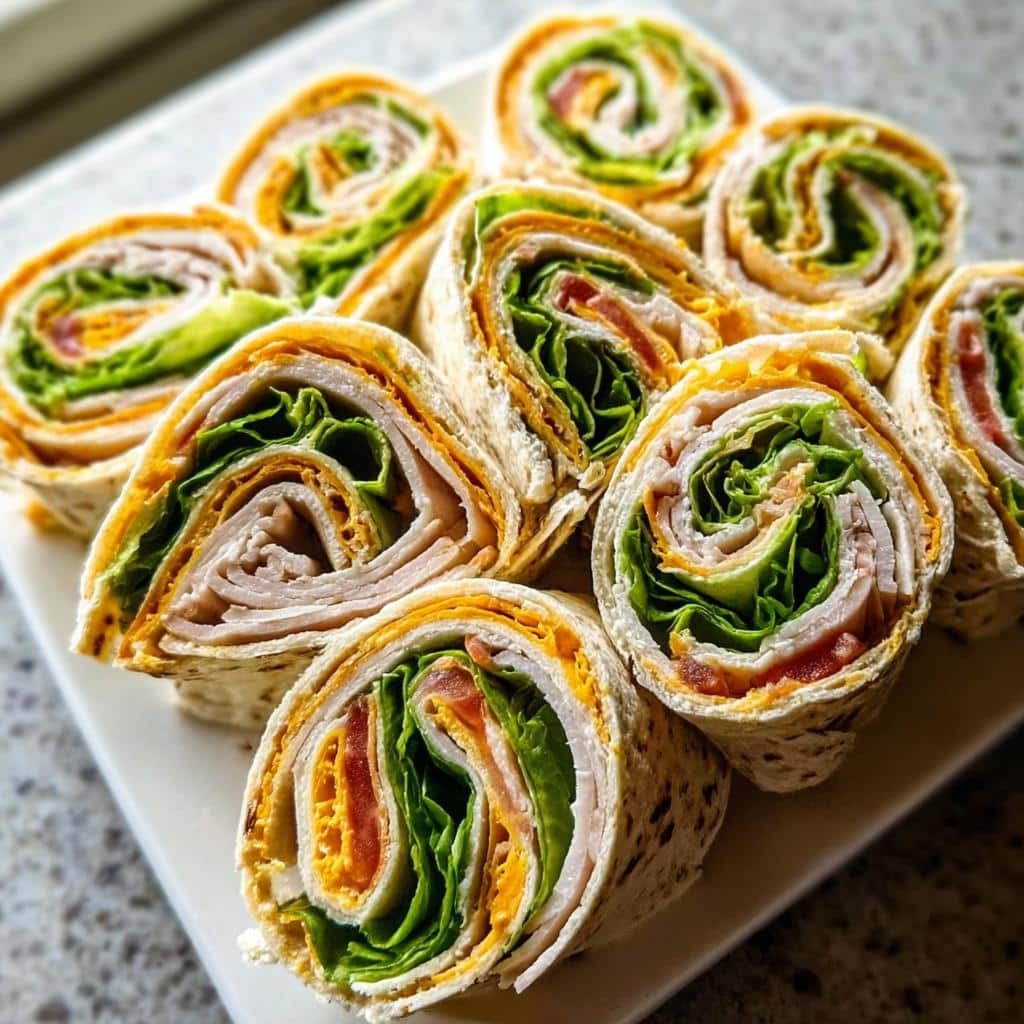 A plate filled with sliced Turkey & Cheese Lunch Pinwheels showing layers of turkey, cheese, lettuce, and tomato rolled in a tortilla.