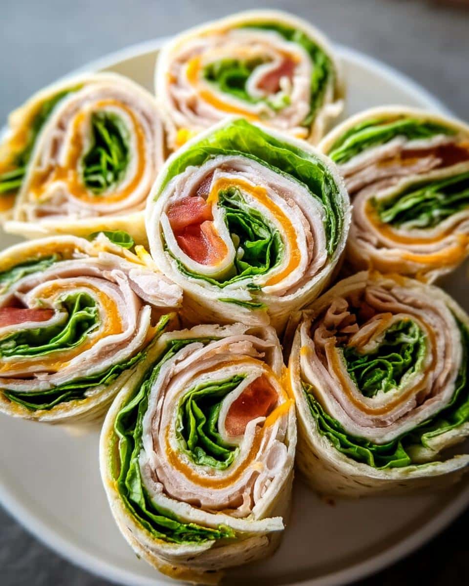 Close-up of several sliced Turkey & Cheese Lunch Pinwheels showing layers of turkey, orange cheese, lettuce, and tomato wrapped in a tortilla.