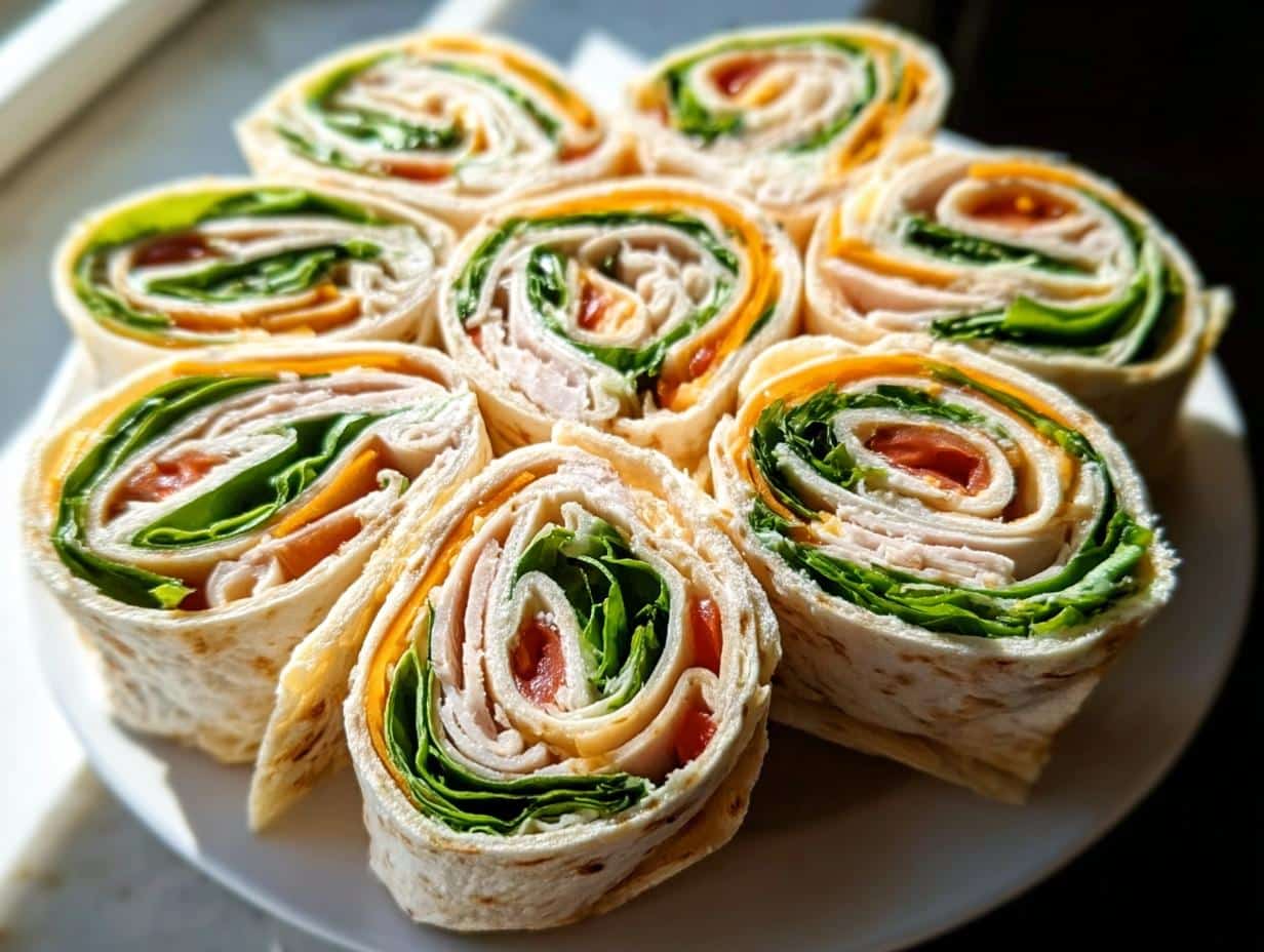 Close-up of several sliced Turkey & Cheese Lunch Pinwheels arranged on a white plate, showing layers of turkey, cheese, lettuce, and tomato.