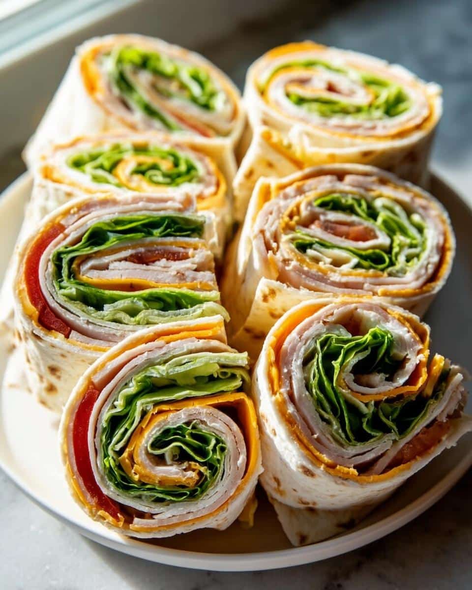 Several cross-sections of Turkey & Cheese Lunch Pinwheels showing layers of turkey, cheese, lettuce, and tomato rolled in a tortilla.
