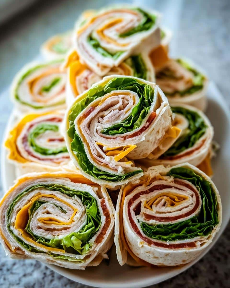A stack of freshly sliced Turkey & Cheese Lunch Pinwheels showing layers of turkey, cheese, lettuce, and tomato in a tortilla spiral.