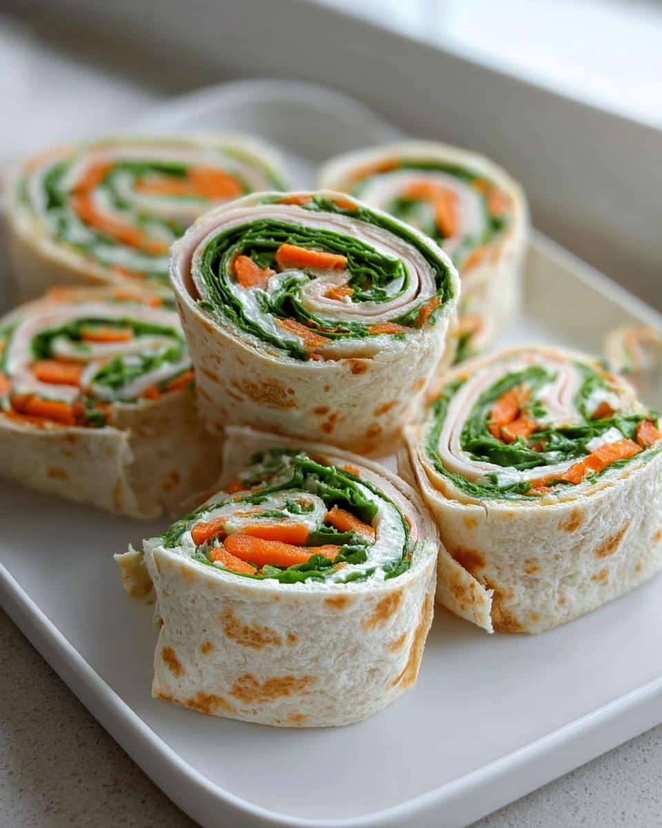 Several cross-sections of Turkey & Cheese Roll-Ups showing layers of tortilla, cream cheese, turkey, lettuce, and carrots.