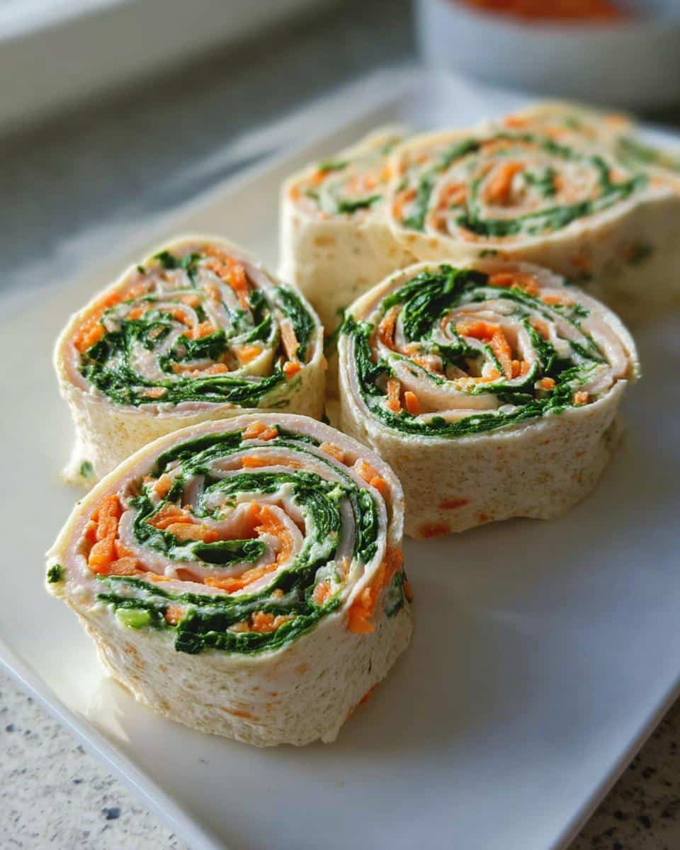 Four slices of Turkey & Cheese Roll-Ups showing a spiral pattern of turkey, spinach, carrots, and cream cheese filling.