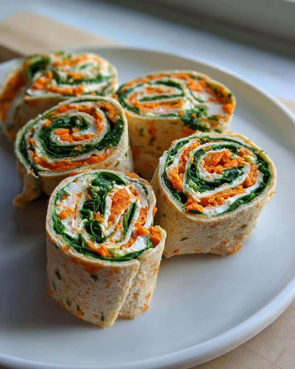 Four slices of Turkey & Cheese Roll-Ups showing vibrant orange filling, green spinach, and white cheese spread in a spiral pattern.