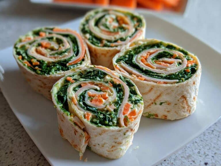 Four cross-sections of Turkey & Cheese Roll-Ups showing layers of turkey, spinach, and carrots in a tortilla.