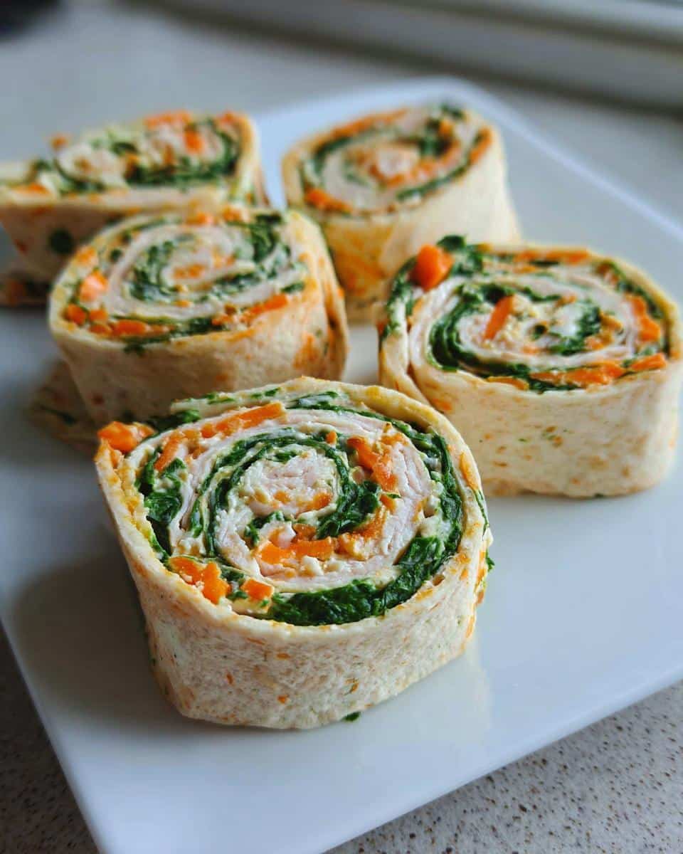 Five slices of Turkey & Cheese Roll-Ups pinwheels arranged on a white plate, showing layers of turkey, spinach, and carrots.