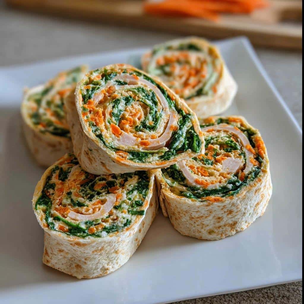 Close-up of five pinwheel slices of Turkey & Cheese Roll-Ups filled with turkey, spinach, and shredded carrots.