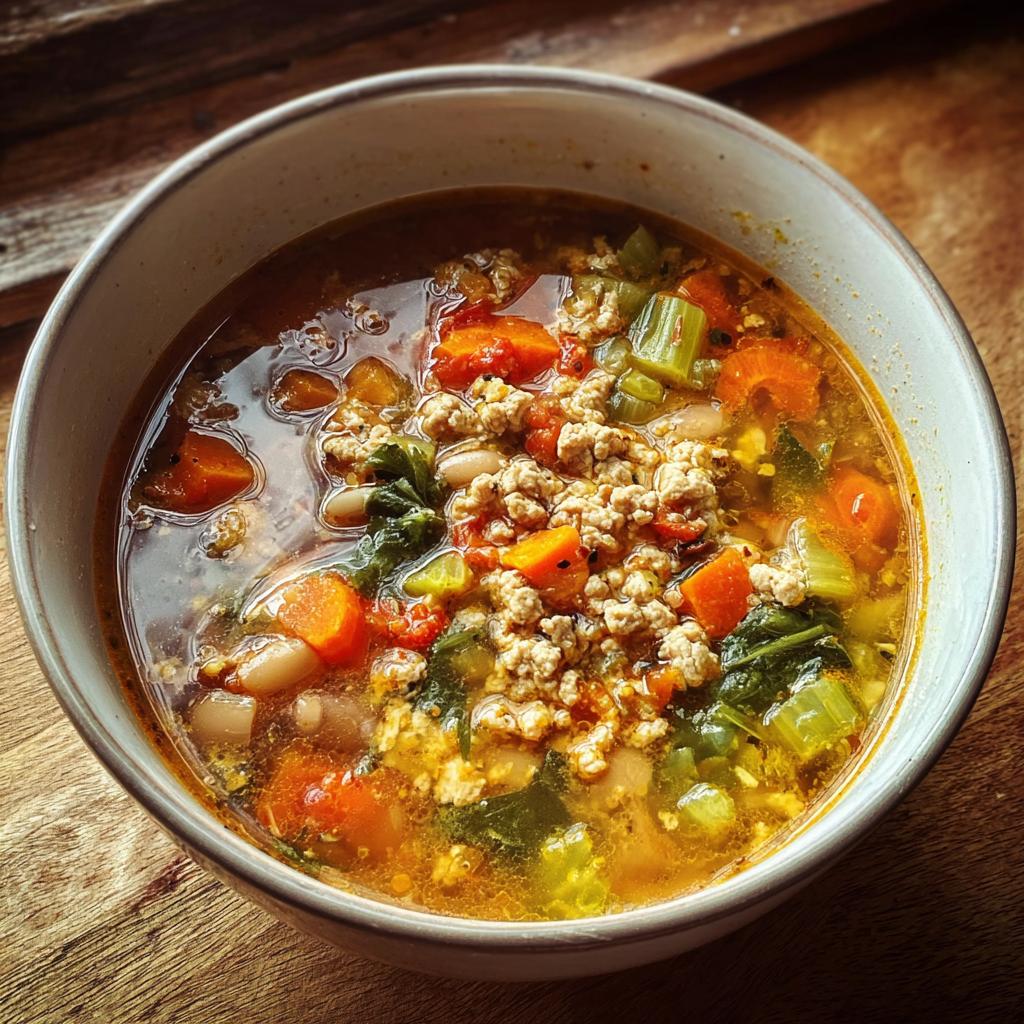 A close-up view of a bowl filled with Turkey Vegetable Protein Soup, featuring ground turkey, carrots, celery, and white beans.
